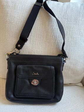 Coach Black Leather Crossbody with Front Turnlock Pocket and Adjustable Strap